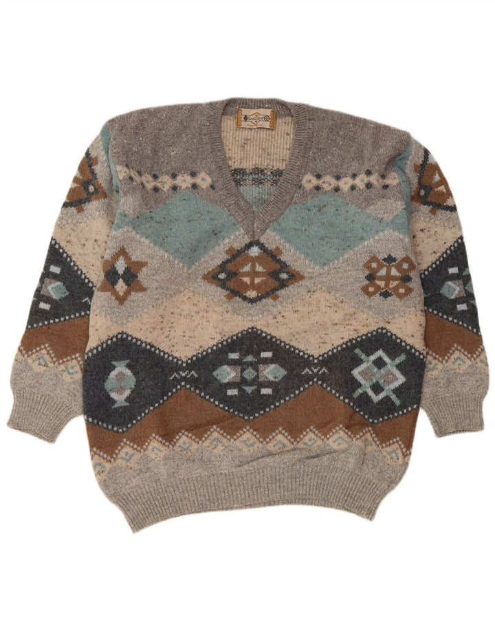SOUTH COAST Pull col V pour homme IT 54 XL en laine Fair Isle gris