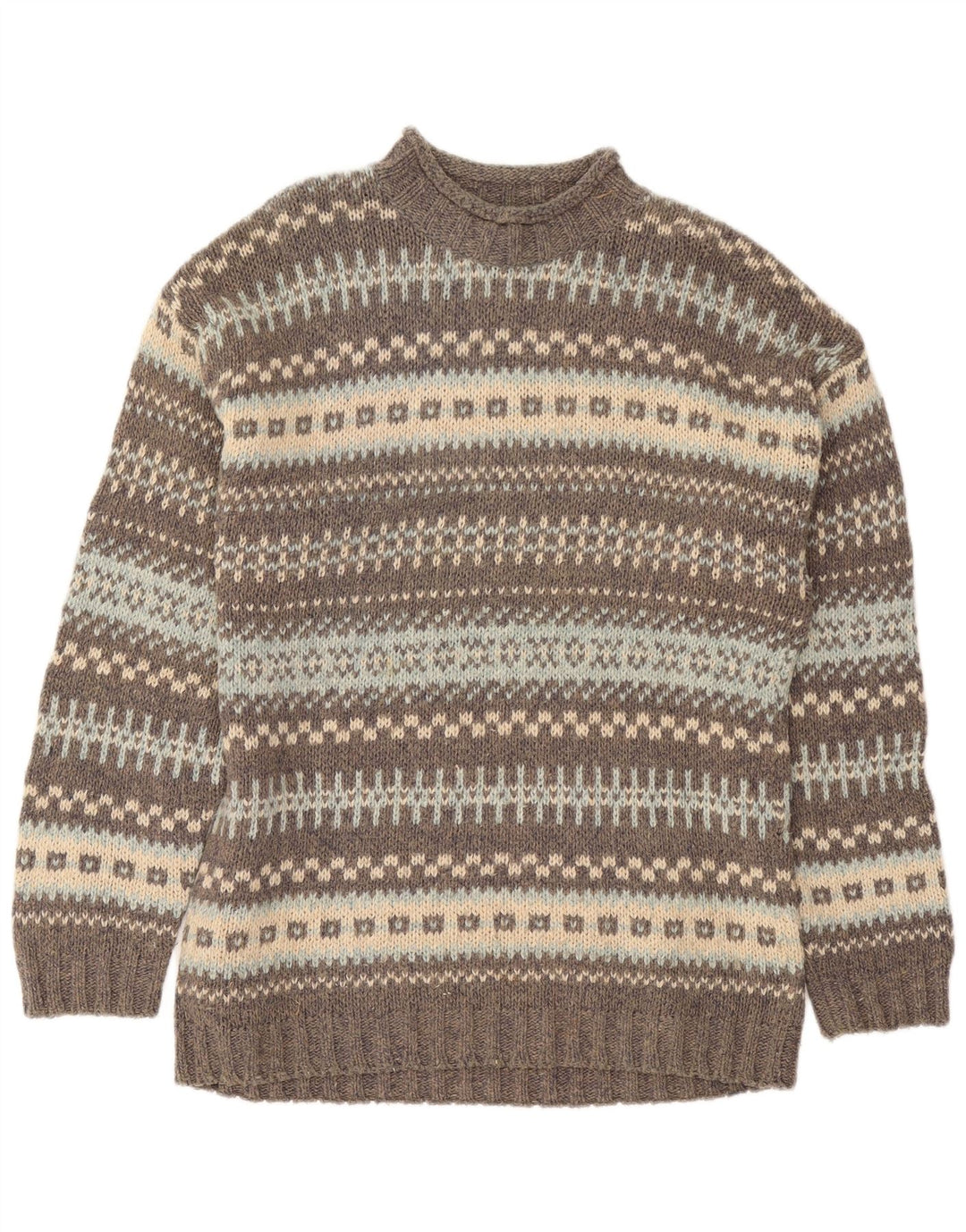 vintage Mens Turtle Neck Jumper Pull Grande Gris Fair Isle Laine