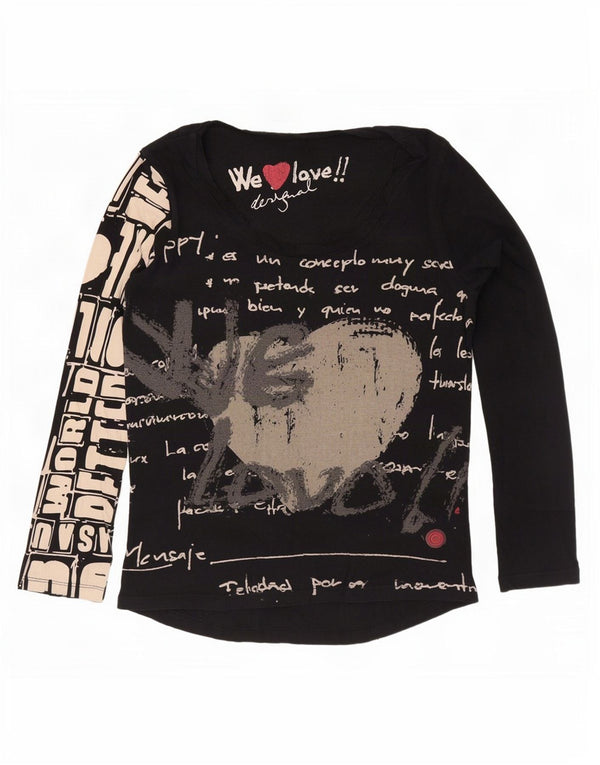 Desigual Femme Graphic Top Manches Longues UK 12 Moyen Noir Coton