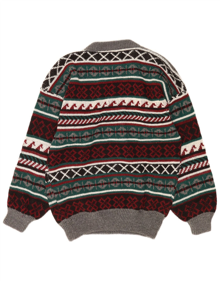vintage Mens Crew Neck Jumper Pull Grand Multicolore Fair Isle