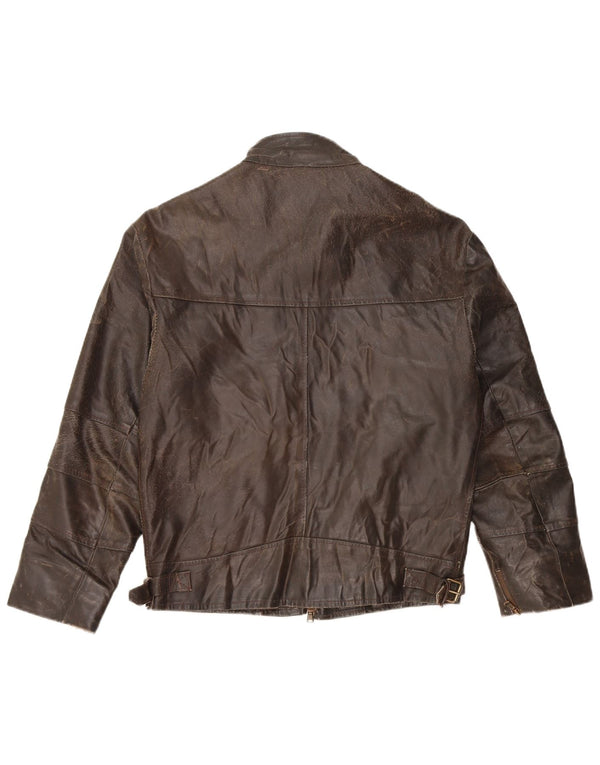 VINTAGE Veste en cuir à manches 3/4 femme UK 14 Cuir marron moyen
