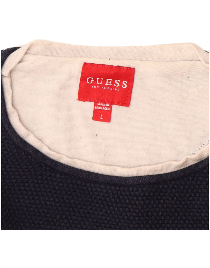 Guess Pull à col rond pour homme en coton bleu marine Taille L