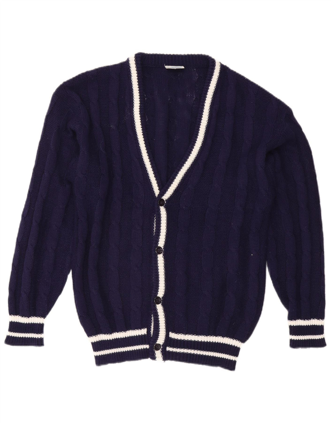 Pull Cardigan Homme Vintage IT 48/50 Polyester Rayé Bleu Marine Moyen