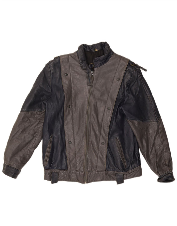 VINTAGE Veste en cuir femme UK 14 Medium Grey Colourblock
