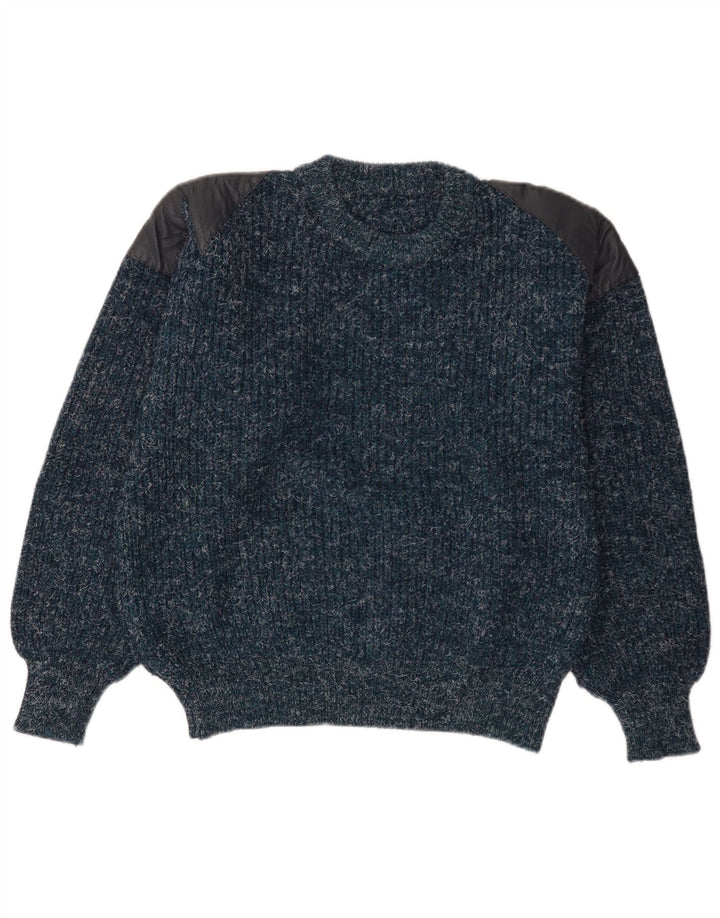 vintage Mens Crew Neck Jumper Pull Moyen Bleu Marine Moucheté Laine