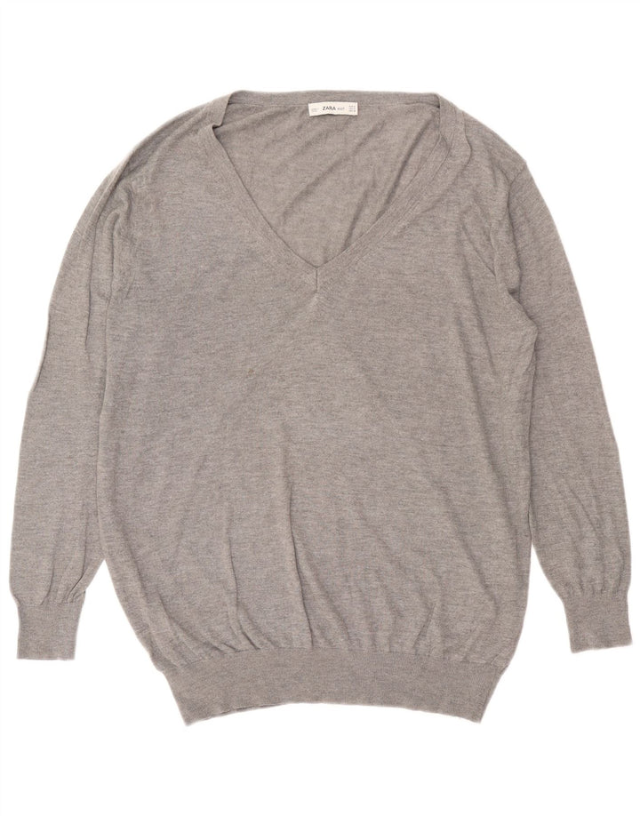 Zara Pull surdimensionné à col en V pour femme UK 14 Gris moyen