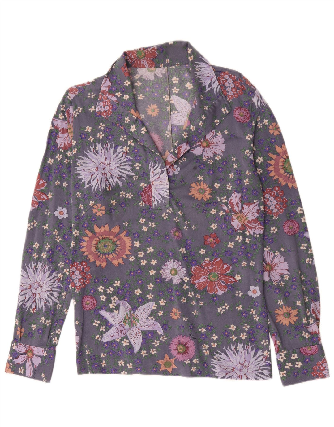 vintage Femme Manches Longues Pull Chemise UK 14 Moyen Gris Floral