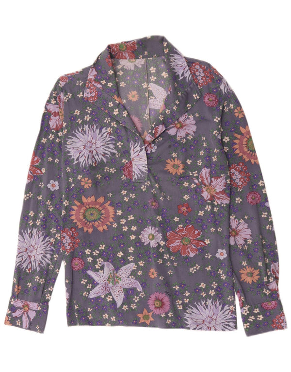 vintage Femme Manches Longues Pull Chemise UK 14 Moyen Gris Floral