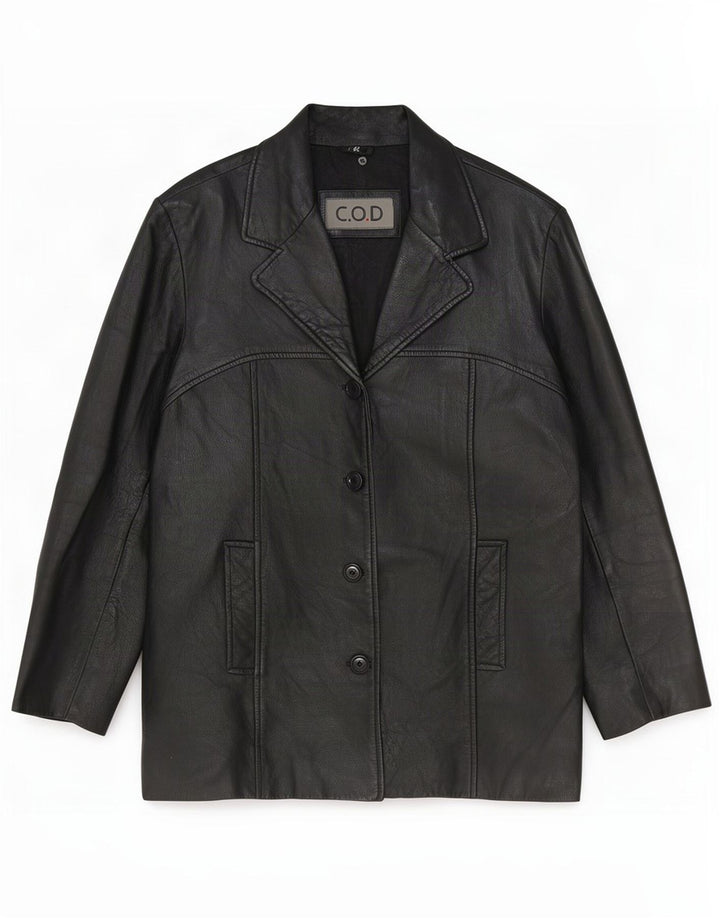 vintage Femme 4 Boutons Veste Blazer En Cuir EU 42 Grand Noir