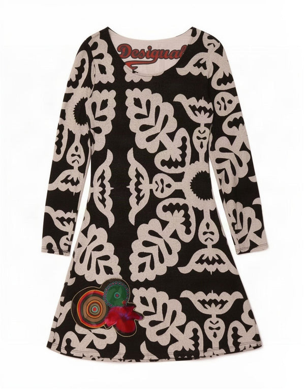 Desigual Robe trapèze à manches longues pour femme UK 10 Petit Noir Floral Polyester