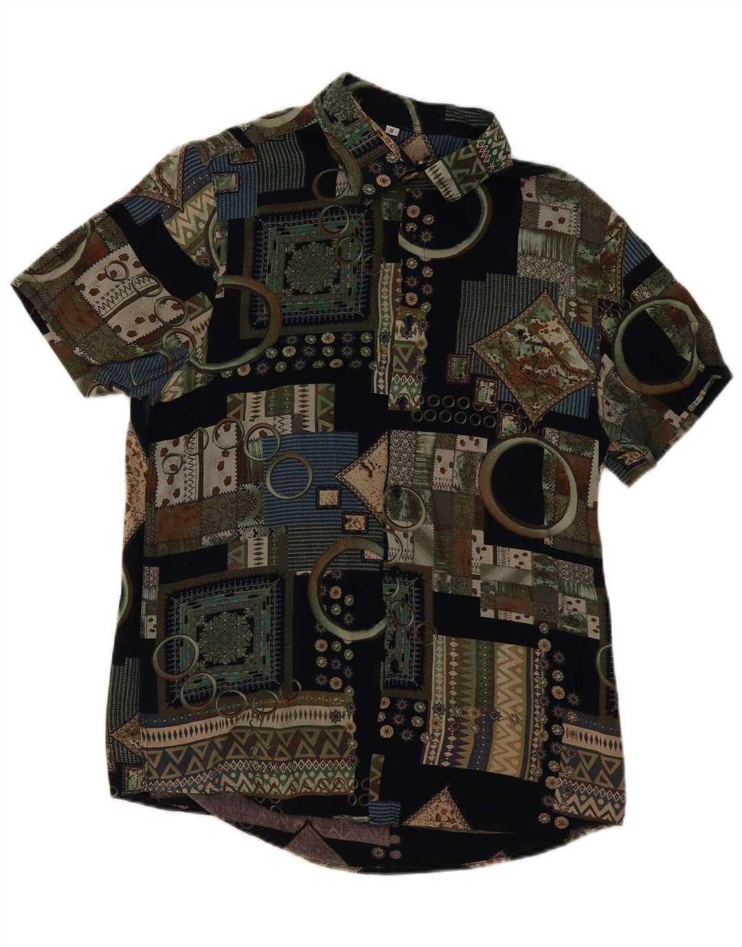 VINTAGE Chemise à Manches Courtes Homme Noir Moyen Patchwork Viscose