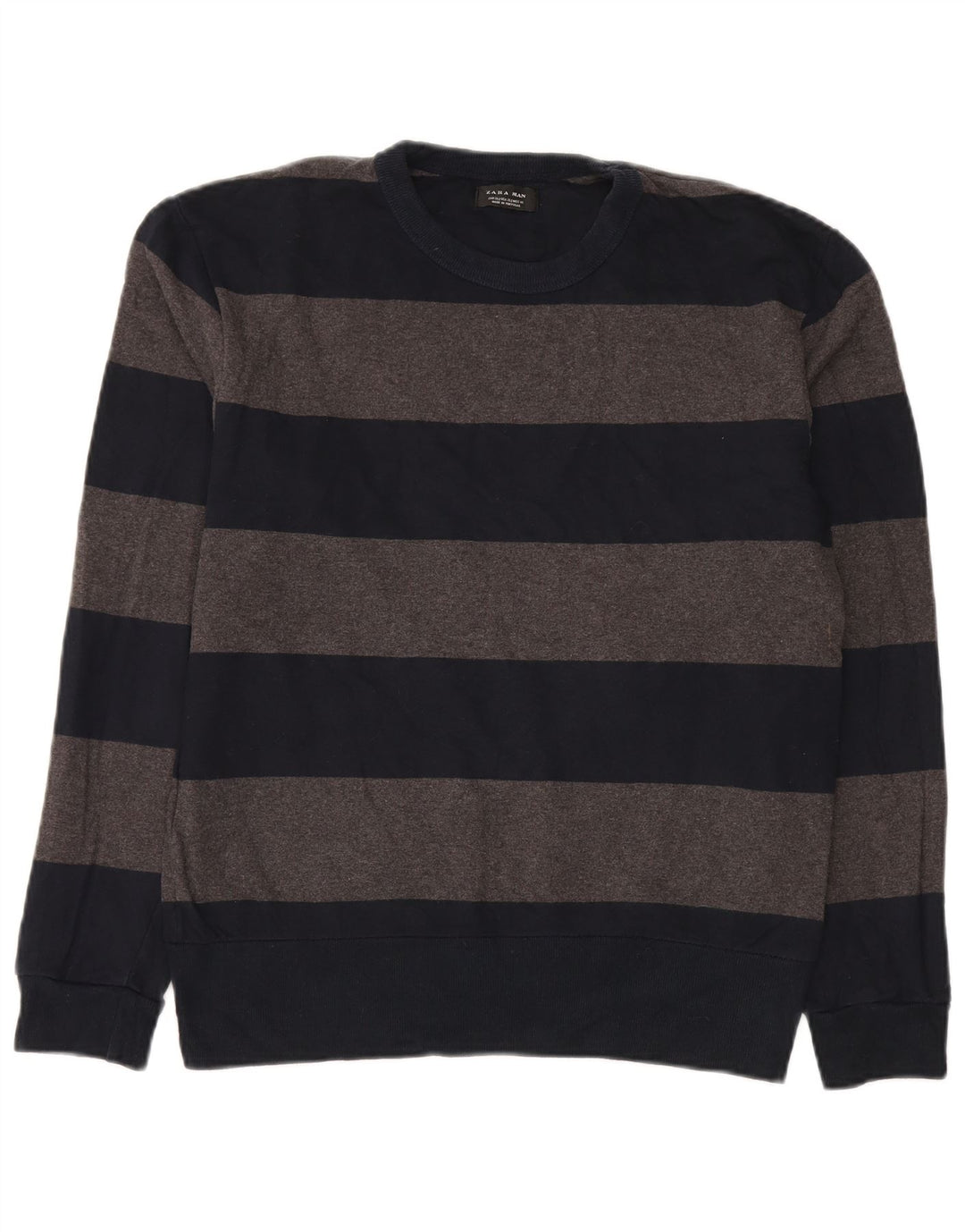 Zara Pull ras du cou pour homme XL en coton rayé bleu marine