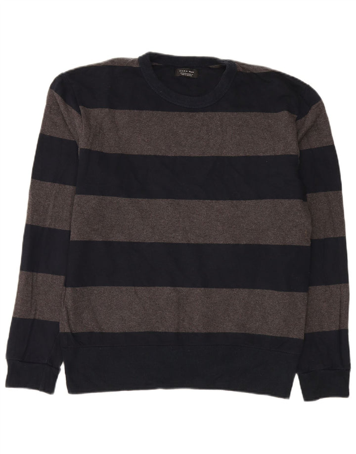Zara Pull ras du cou pour homme XL en coton rayé bleu marine
