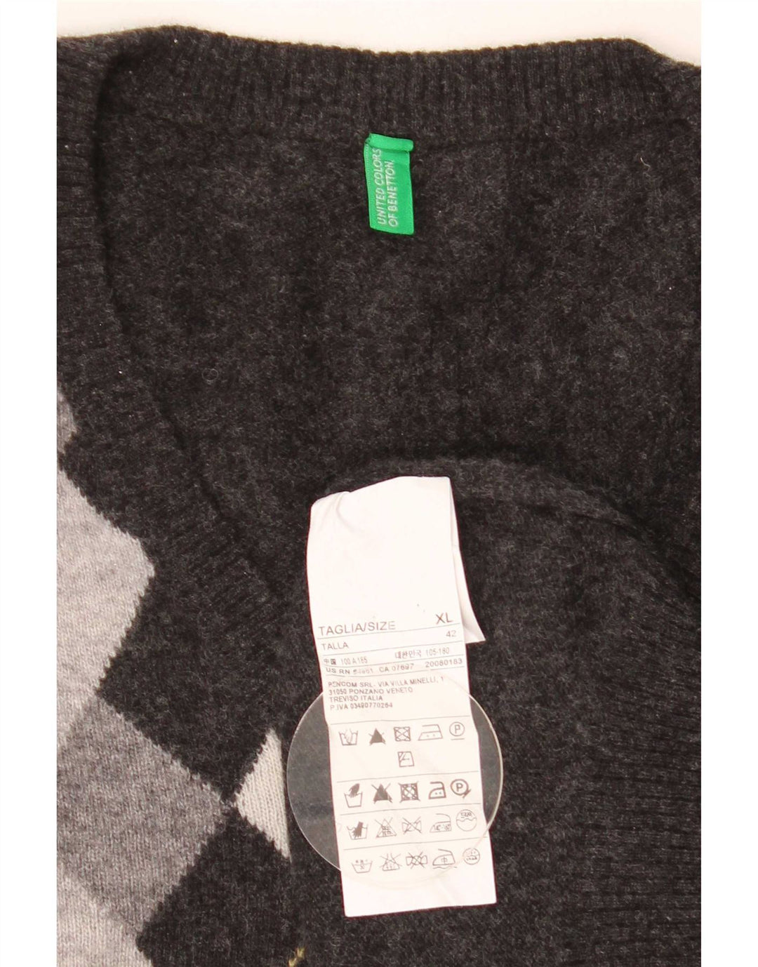 Benetton Pull Col V Homme XL Gris Argyle/Diamond Laine