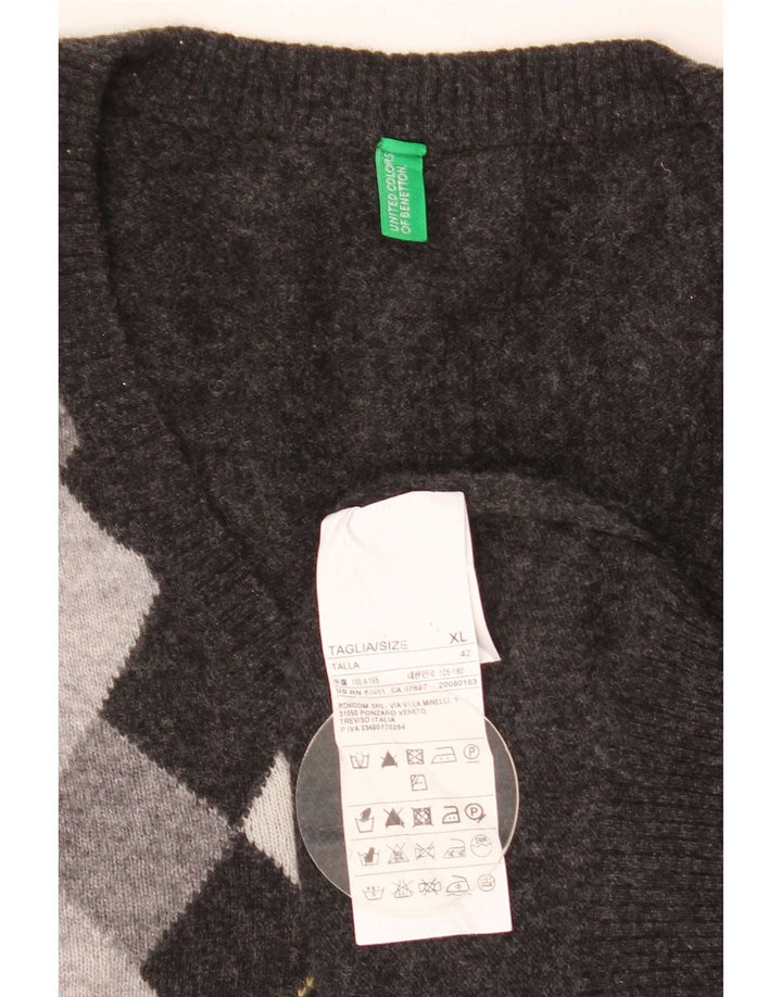 Benetton Pull Col V Homme XL Gris Argyle/Diamond Laine