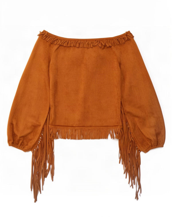 vintage Femmes Crop Off Épaule Top UK 12 Polyester Marron Moyen