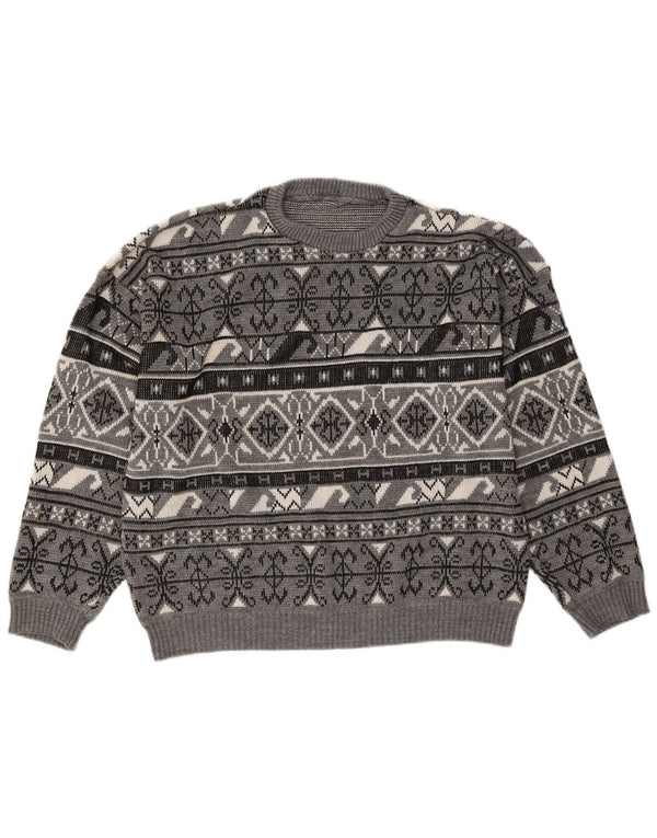 vintage Mens Crew Neck Jumper Pull Grand Gris Fair Isle