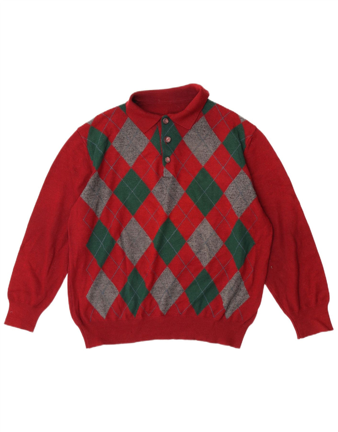 VINTAGE Pull col polo homme grand rouge Argyle/diamant