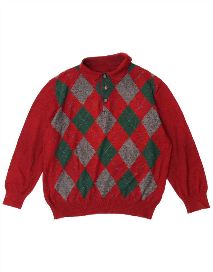VINTAGE Pull col polo homme grand rouge Argyle/diamant