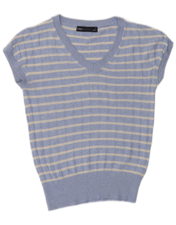 Marks & Spencer Pull col en V pour femme UK 6 XS Bleu rayé