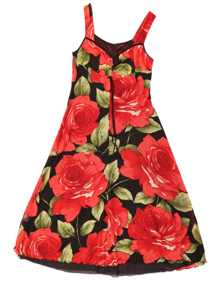 VINTAGE Femme Robe Maxi sans manches UK 12 Moyen Noir Floral Polyamide