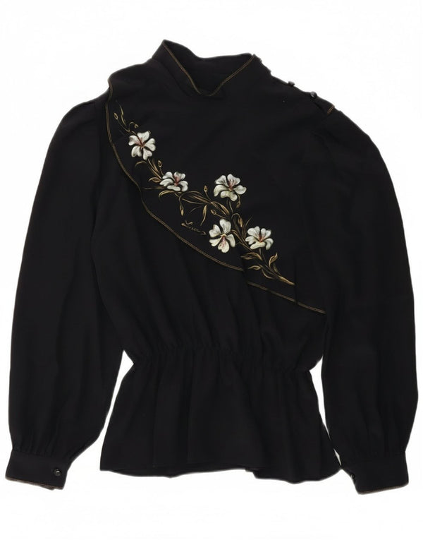 vintage Femmes Manches Longues Blouse Top UK 14 Moyen Bleu Marine Floral