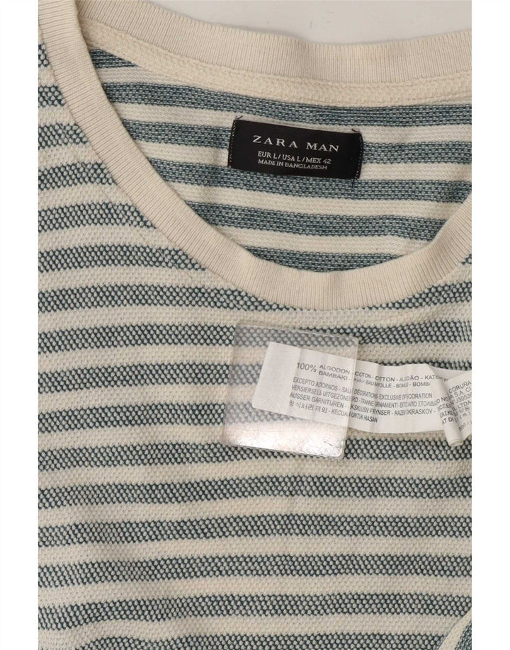 Zara Homme T-Shirt Top Large Gris Rayé Coton