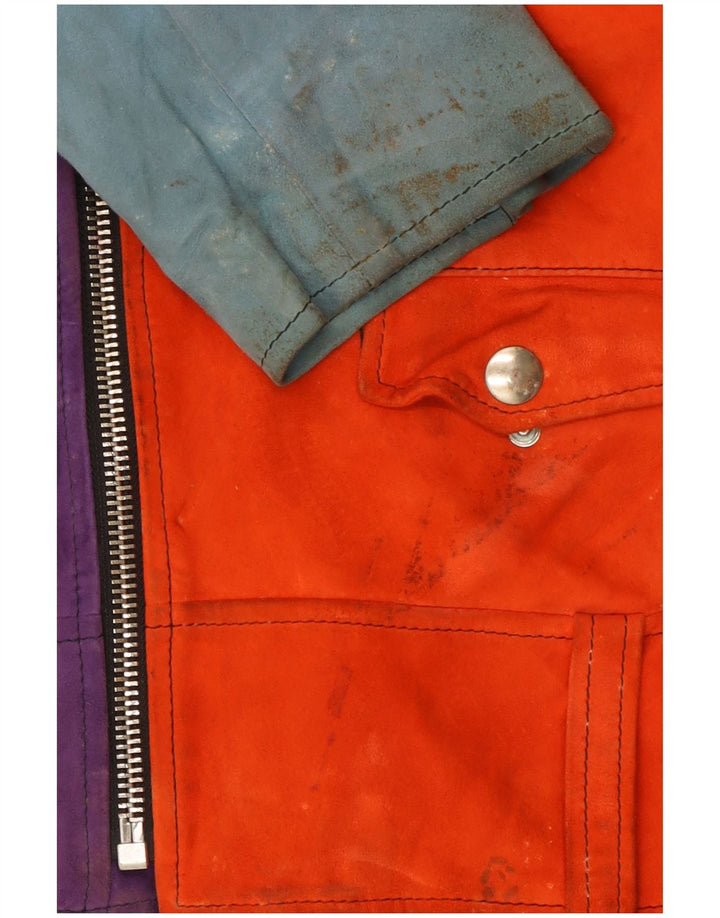 veste biker en daim femme vintage UK 16 Grand colourblock multicolore
