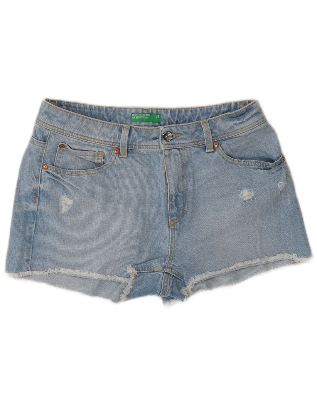 Benetton Short En Jean Effet Déchiré W31 Coton Bleu Moyen Femme