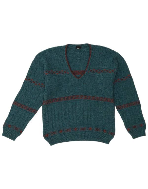 vintage Mens V-Col Jumper Sweater IT 46 Petit Acrylique Géométrique Vert