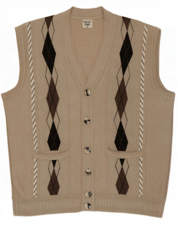 vintage Mens Cardigan Pull Moyen Beige Argyle/Diamant Acrylique