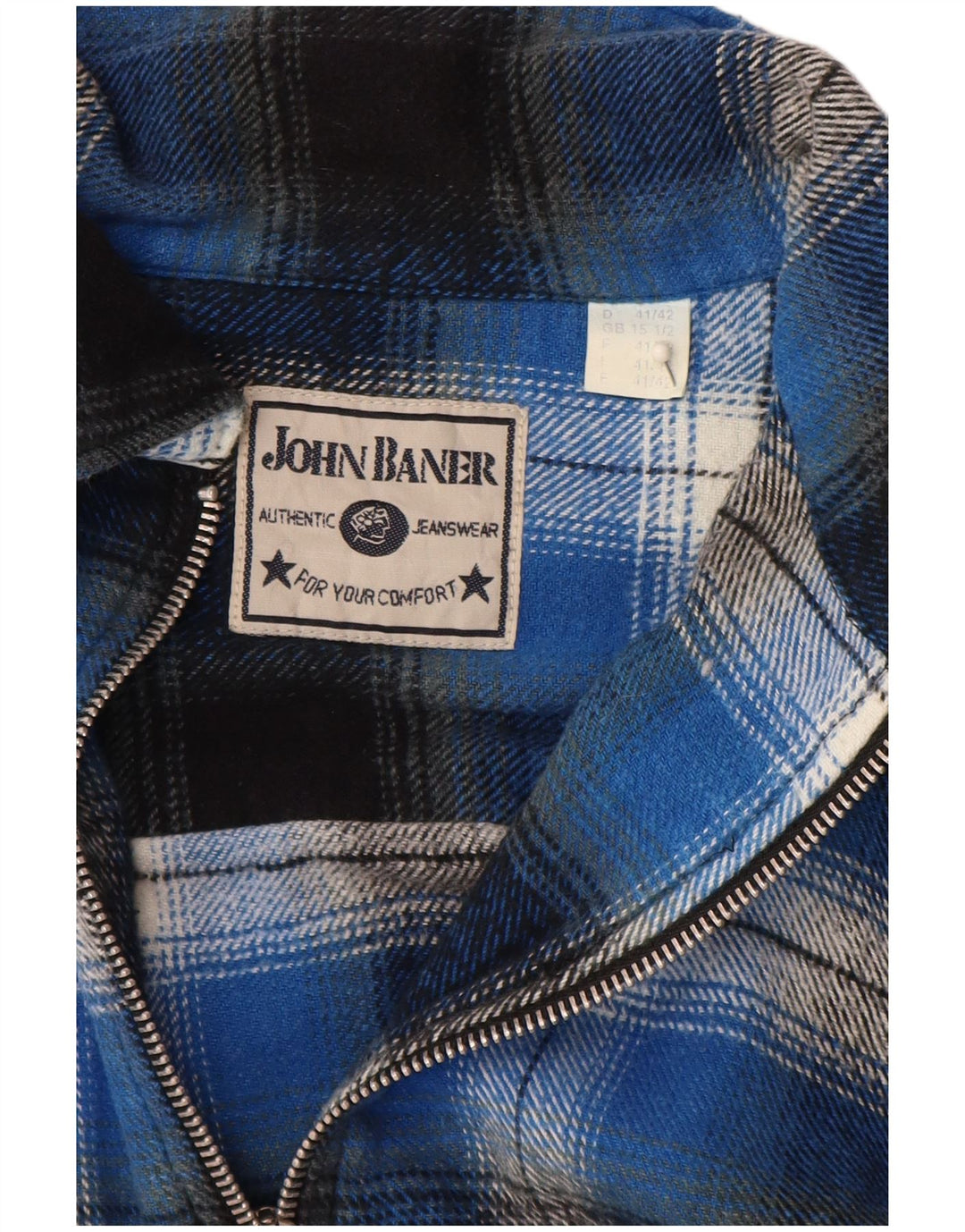 John Baner Chemise en flanelle pour homme Taille 15 1/2 Coton à carreaux bleu moyen