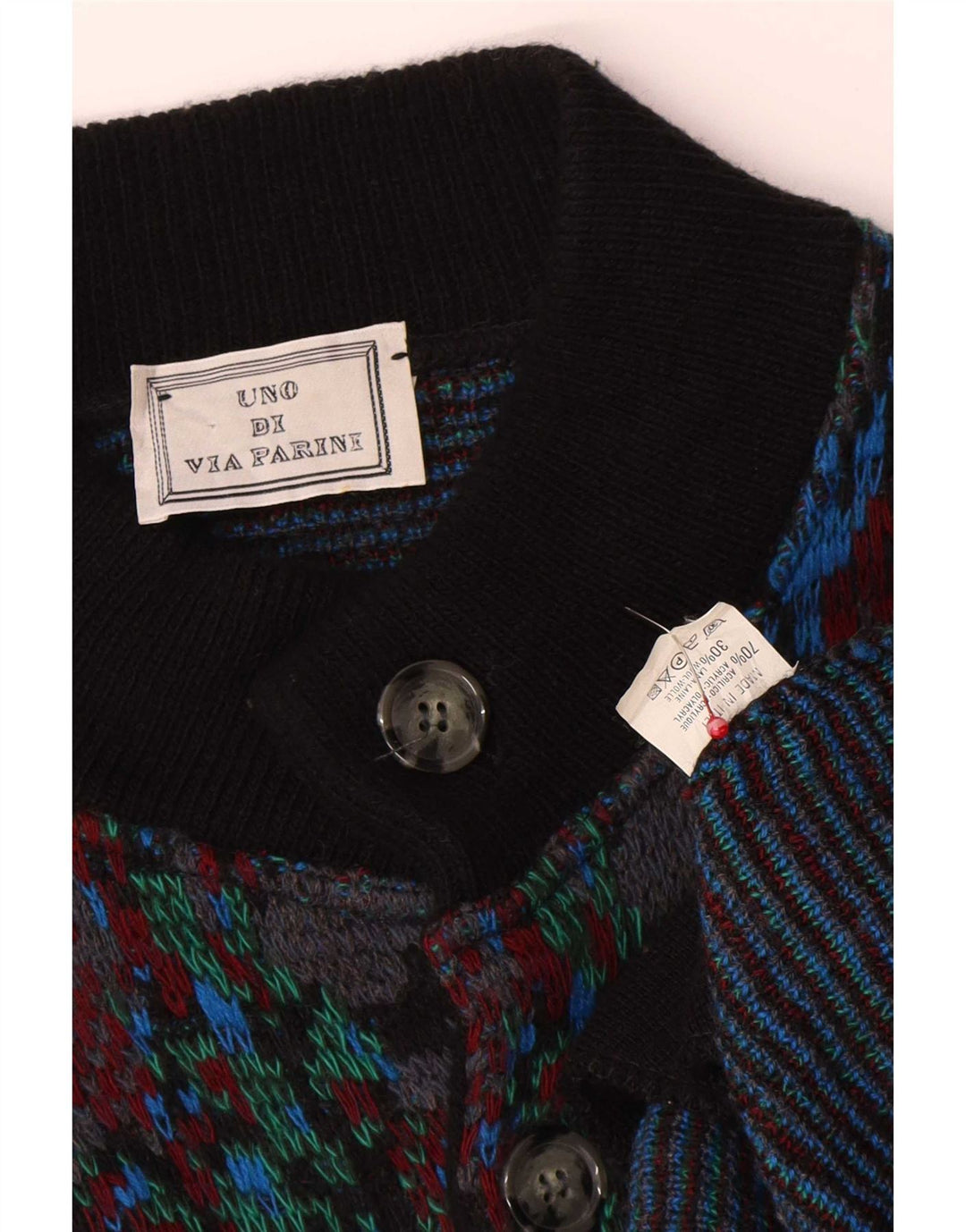 vintage Mens Abstract Pattern Cardigan Sweater Moyenne Laine Multicolore