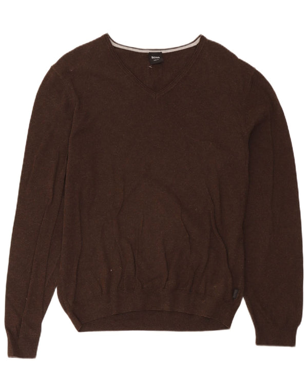 Hugo Boss Pull coupe slim à col en V pour hommes, grand coton marron