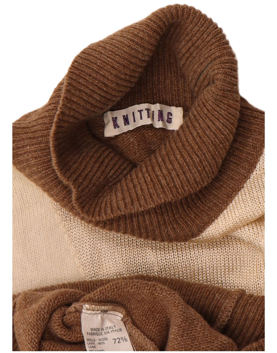 vintage Femmes Roll Neck Jumper Pull UK 14 Medium Brown Colourblock Laine