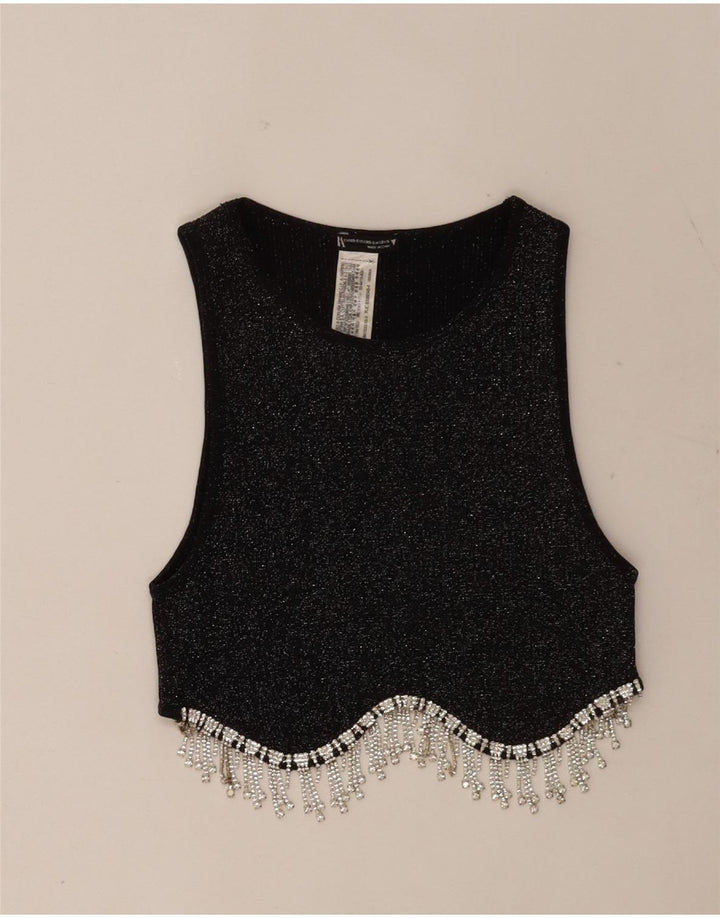 Zara Femme Haut Court Sans Manches UK 4 XS Polyester Moucheté Noir