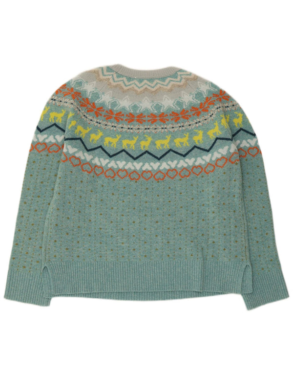 White Stuff Pull à col bateau pour femme UK 14 Large Bleu Fair Isle Wool