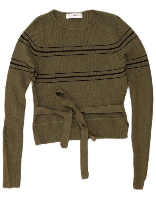 Zara Womens Crop Boat Neck Jumper Sweater UK 14 Large Kaki Rayé Viscose