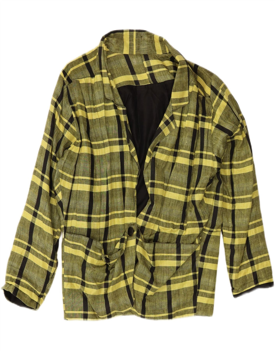 vintage Femmes 1 Bouton Blazer Veste EU 44 XL Jaune Plaid Lin Classique