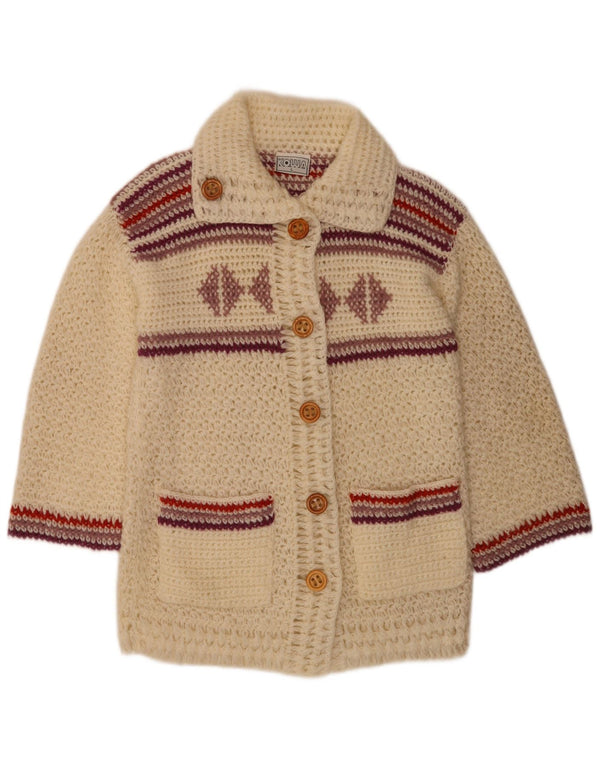 vintage Womens Cardigan Sweater UK 16 Grand Acrylique Rayé Blanc