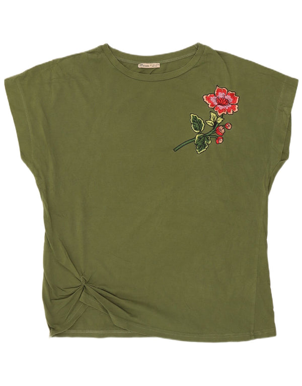 Zara Womens Graphic T-Shirt Top UK 16 Grand Kaki Coton