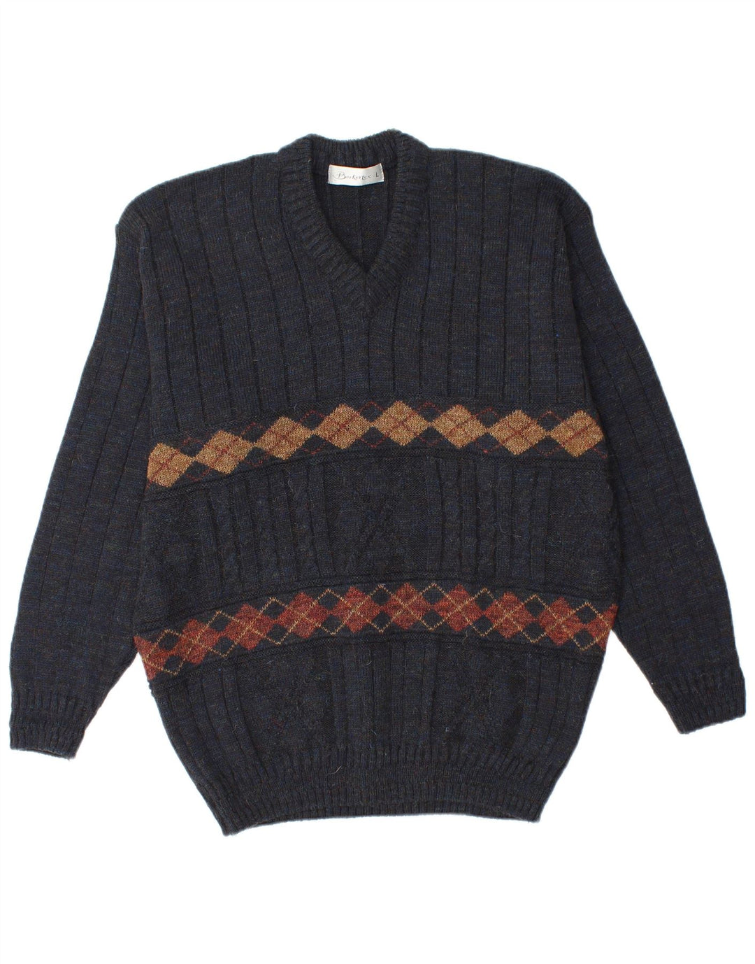 BERKERTEX Pull col V pour homme Bleu marine Argyle/Diamant
