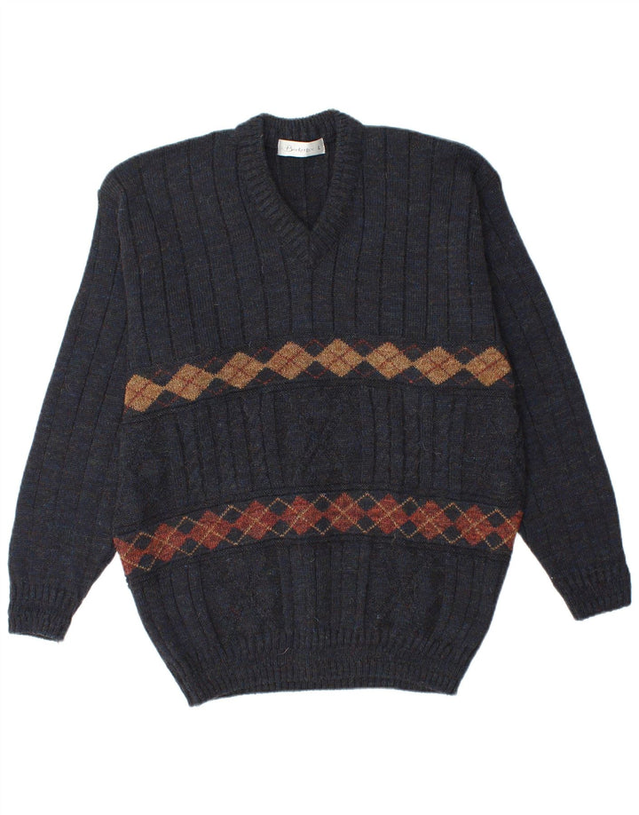 BERKERTEX Pull col V pour homme Bleu marine Argyle/Diamant