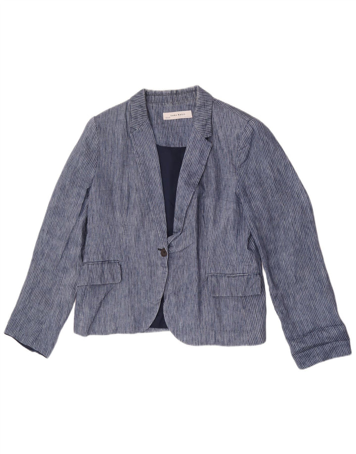 Zara Womens 1 Button Blazer Jacket UK 18 XL Bleu Pinstripe Polyester
