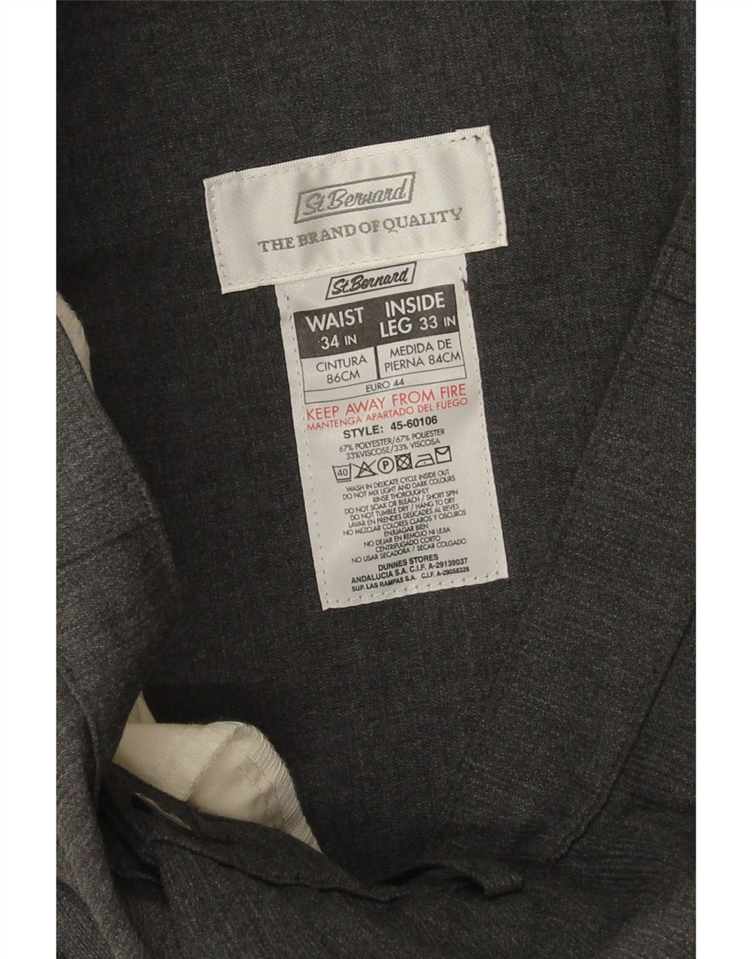 St. Bernard Pantalon de Costume Droit Homme W34 L32 Gris Polyester