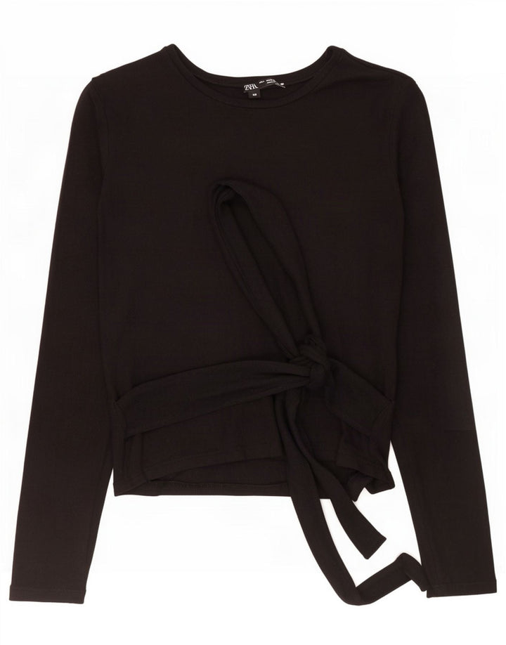 Zara Womens Front Tie Top Manches Longues UK 8 Petit Noir