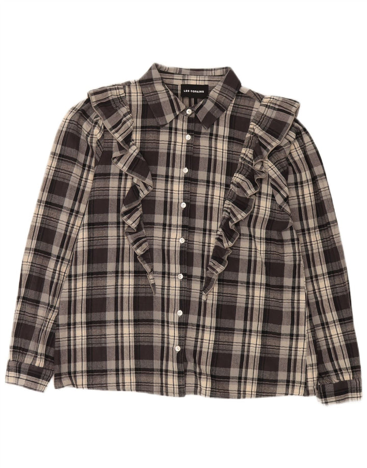 Les Copains Chemise en flanelle à volants sur le devant pour femme IT 46 Grand carreaux gris