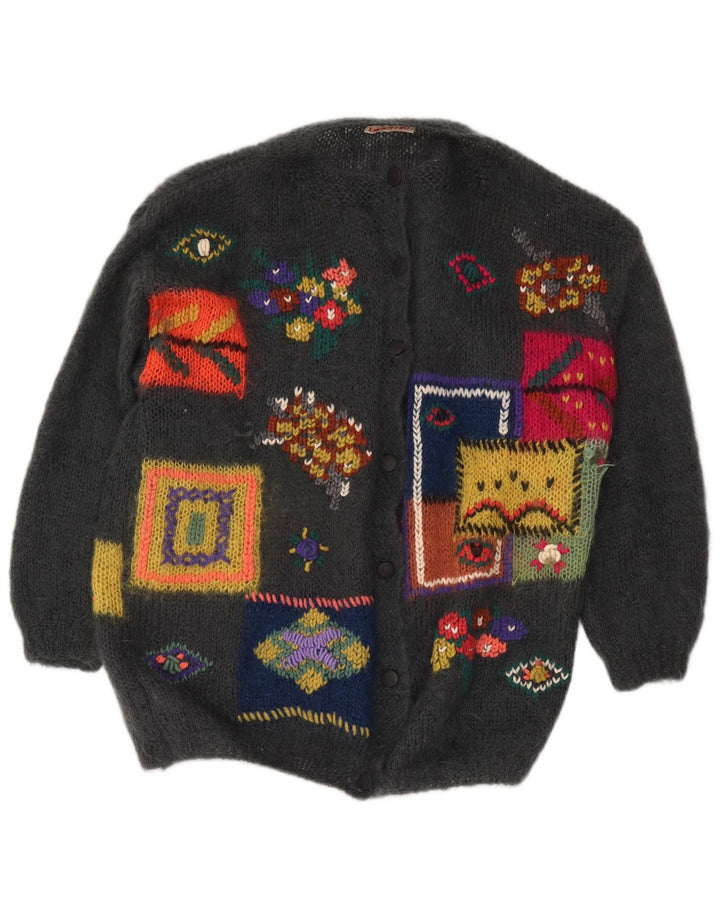 vintage Femme Graphique Cardigan Pull UK 18 XL Gris Patchwork