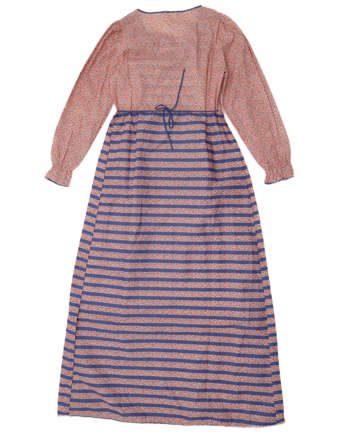 vintage Femme Manches Longues Maxi Robe UK 14 Polyester Rayé Bleu Moyen