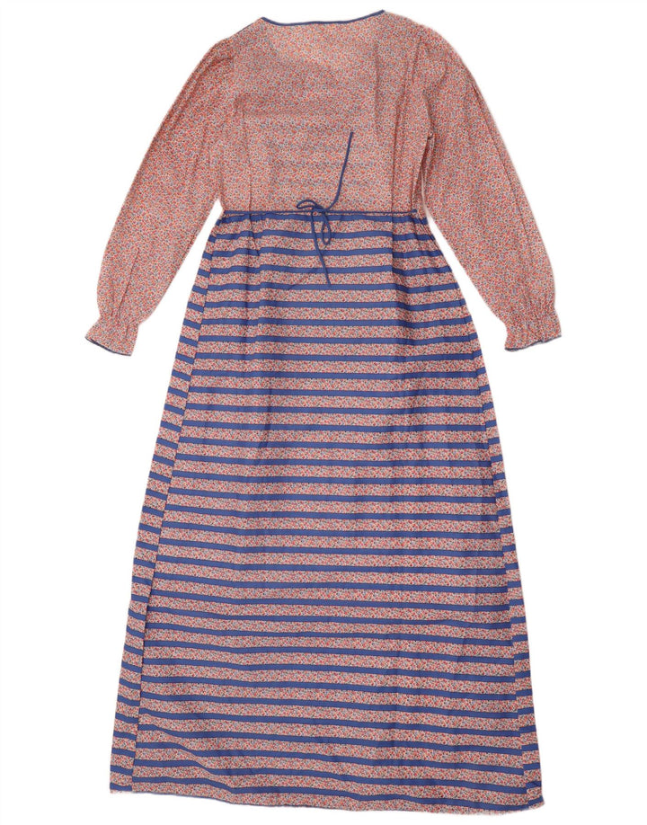 vintage Femme Manches Longues Maxi Robe UK 14 Polyester Rayé Bleu Moyen